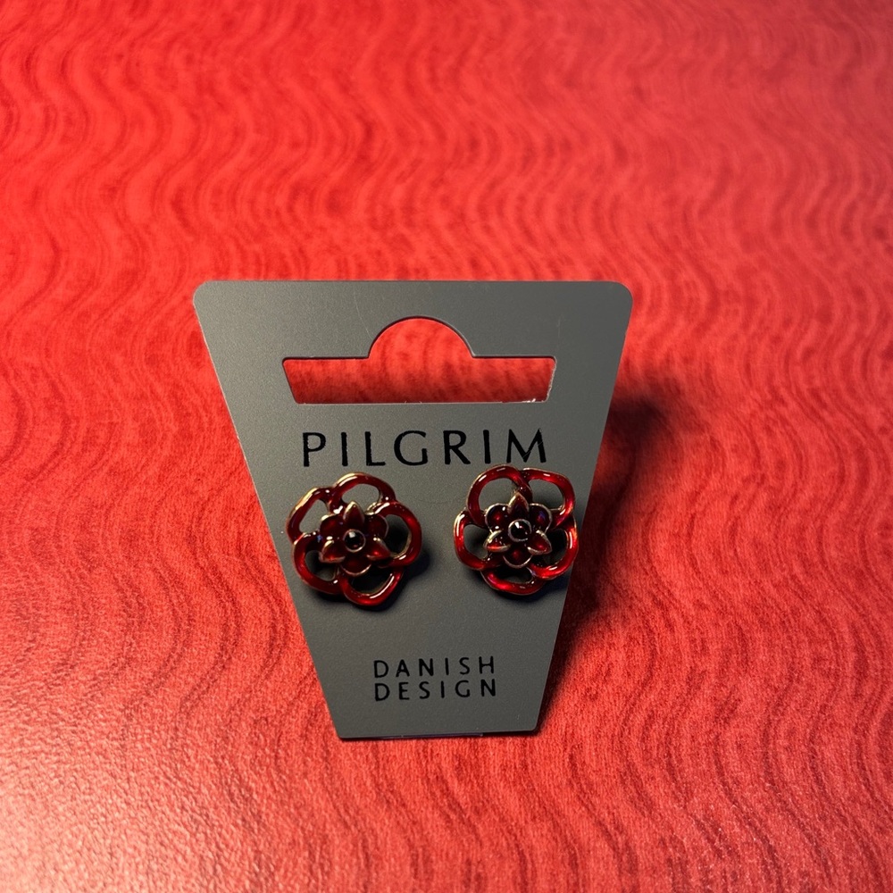 (#104) Pilgrim Red Flower Stud Earrings - Danish Design